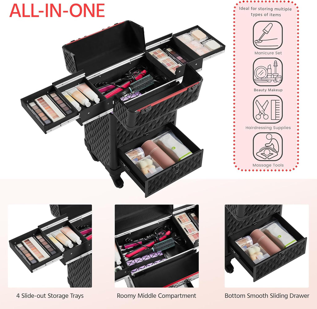 Rolling Makeup Train Case Aluminum Cosmetic Case with Wheels Barber Case Salon Lockable Travel Trolley with Sliding Drawers Removable Divider, Black/Red