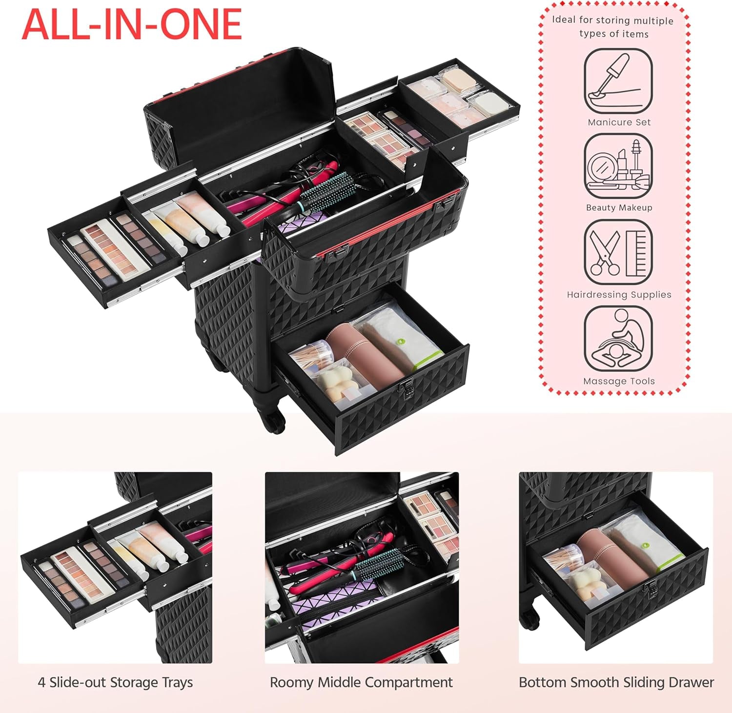 Rolling Makeup Train Case Aluminum Cosmetic Case with Wheels Barber Case Salon Lockable Travel Trolley with Sliding Drawers Removable Divider, Black/Red
