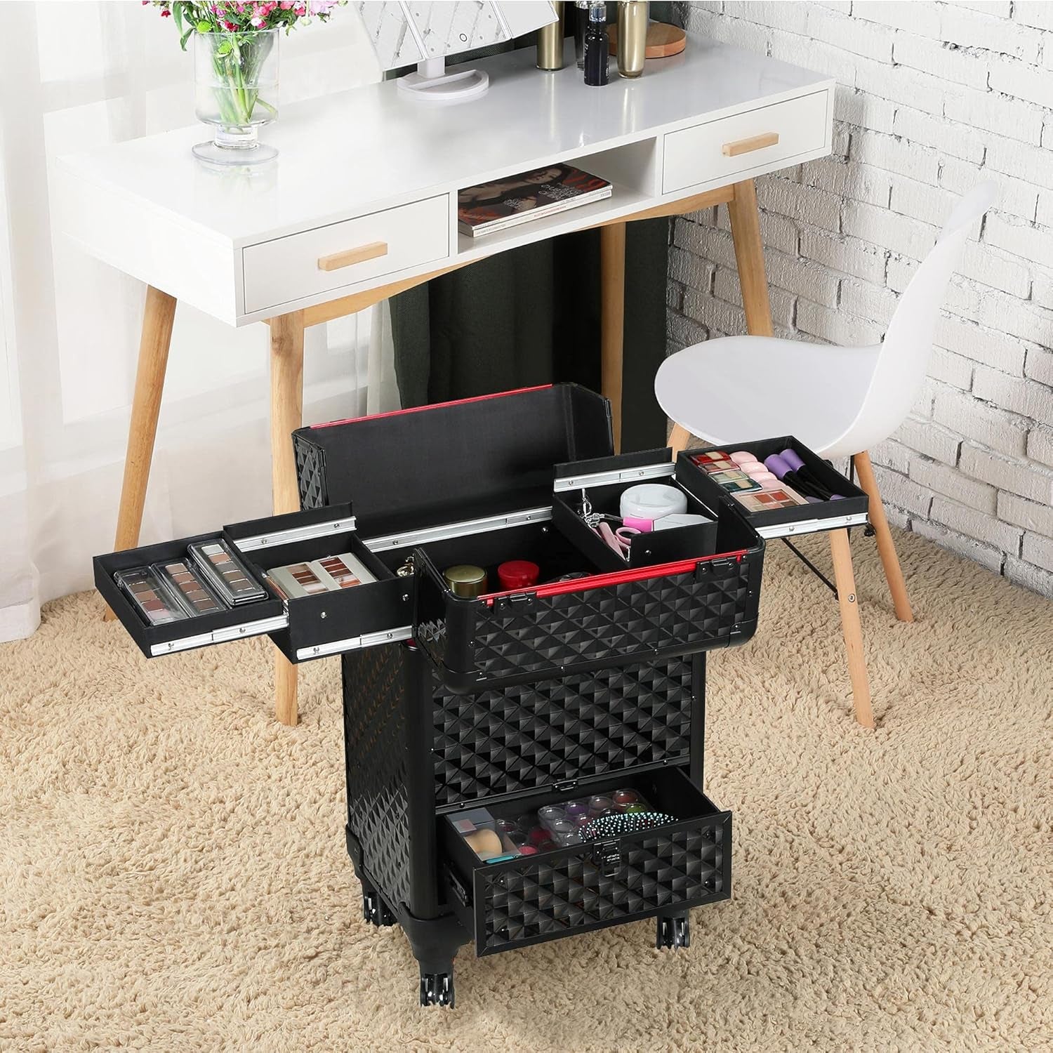 Rolling Makeup Train Case Aluminum Cosmetic Case with Wheels Barber Case Salon Lockable Travel Trolley with Sliding Drawers Removable Divider, Black/Red