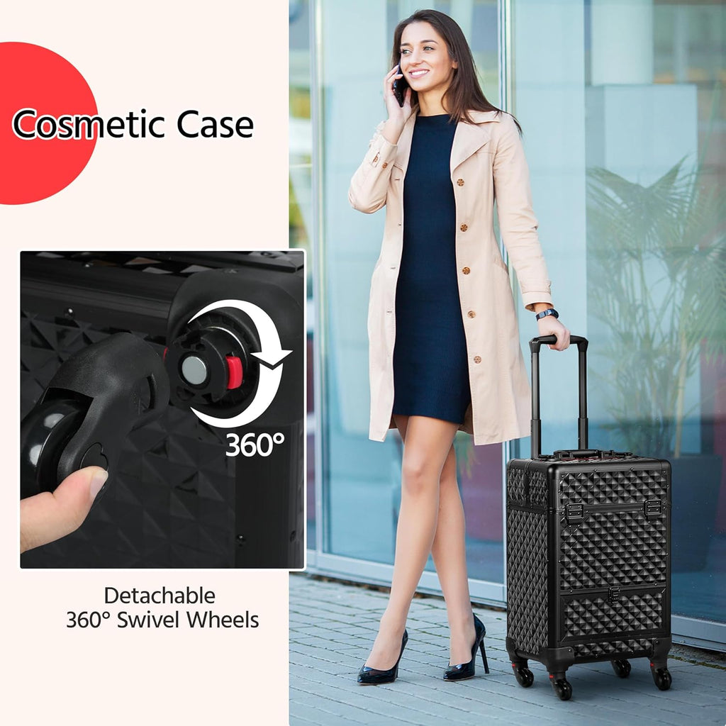 Rolling Makeup Train Case Aluminum Cosmetic Case with Wheels Barber Case Salon Lockable Travel Trolley with Sliding Drawers Removable Divider, Black/Red